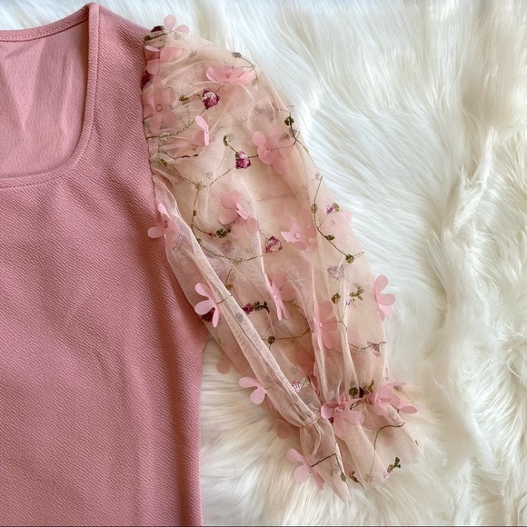 NWOT SHEIN Size M Square Neck Tulle Puff Sleeve Blouse Pink 3D Floral appliqués - Picture 5 of 11